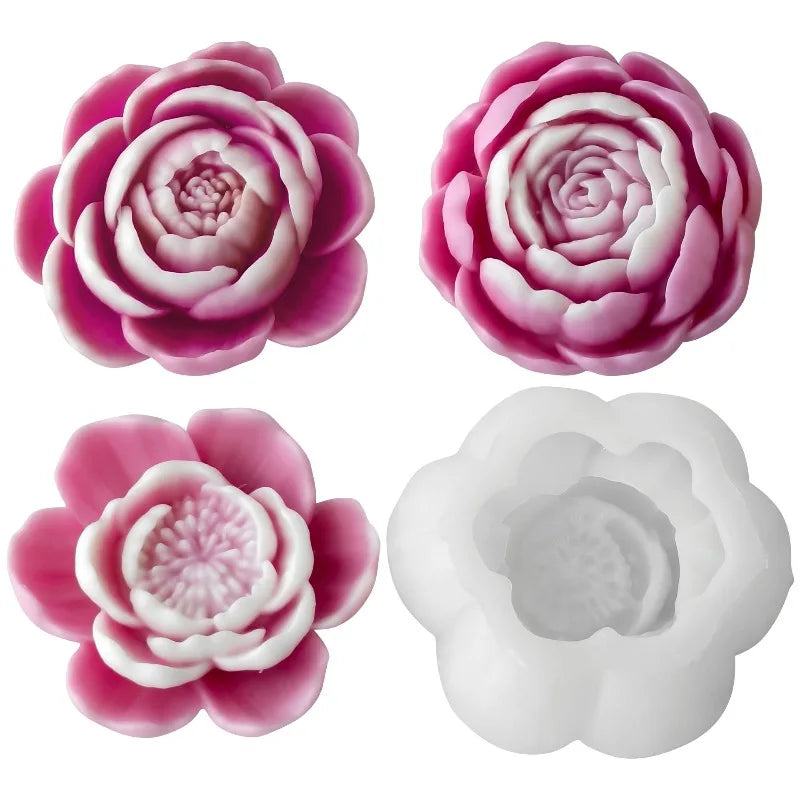 1pc New Lotus Rose Peony Candle Mold, 3D Flower Soap Gypsum Craft Resin Cement Silicone Mold, DIY Chocolate Cake Baking Supplies