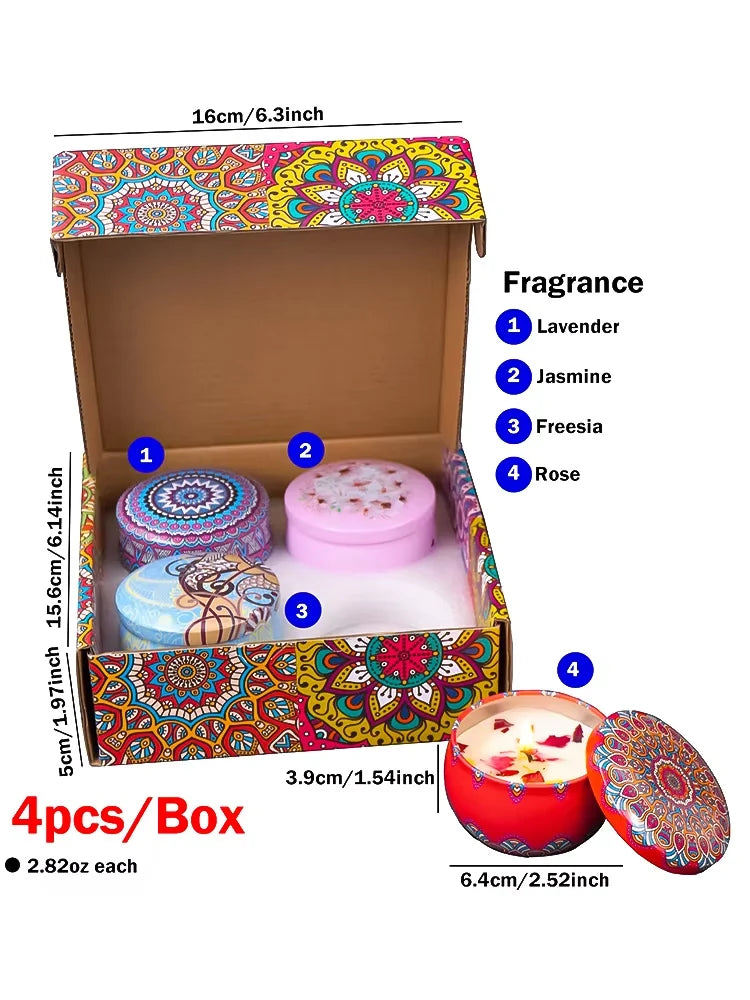 4PCS/Set Scented Candle Box Vintage Flower Rose Lavender Candle Jars Soy Wax Fragrance Candles Wedding Birthday Gift Home Decor