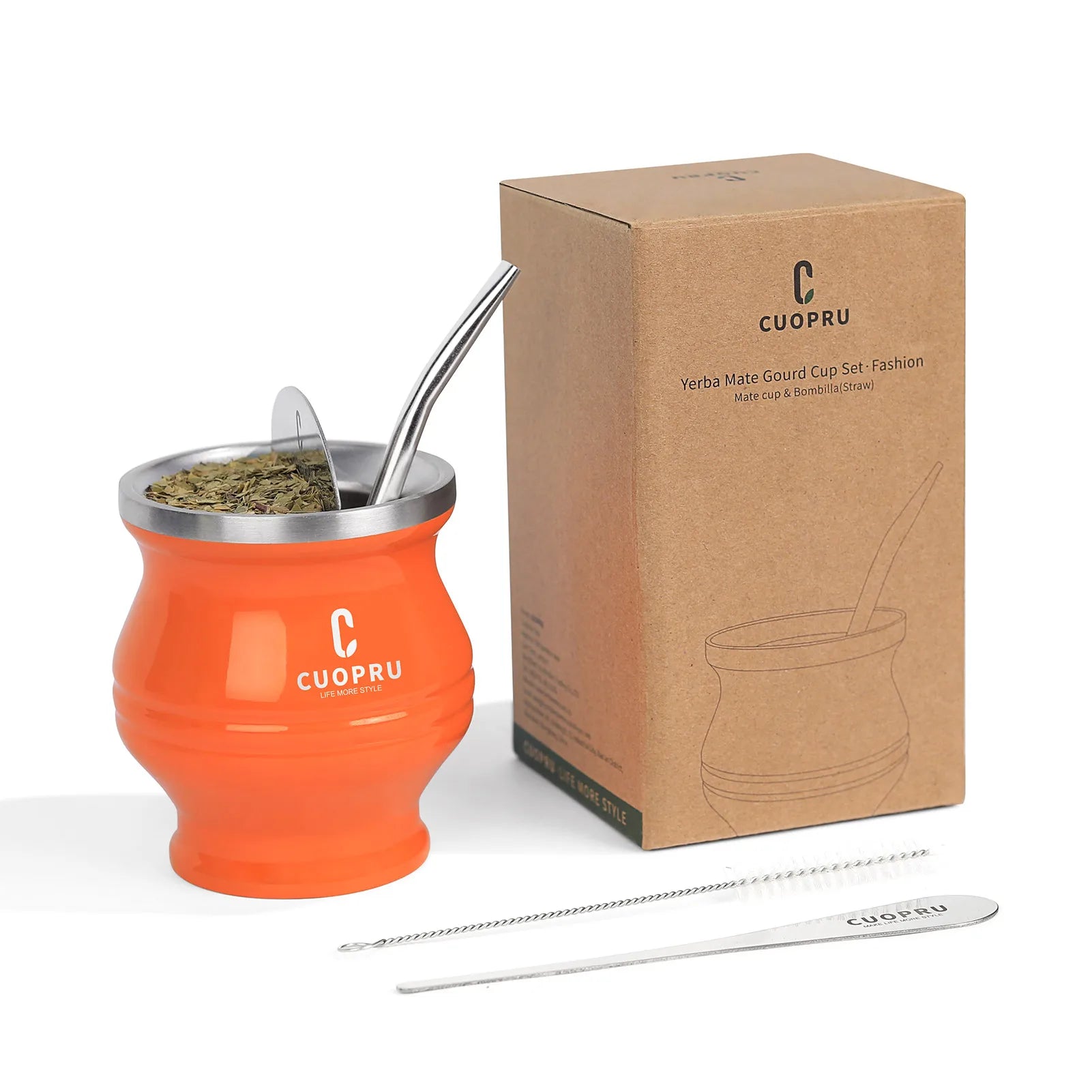 5 in 1 Yerba Mate Cup Set, Include CUOPRU Double Walled StainlMate Gourd, Tea Separator set, Bombillas(Straw) and Cleaning Brush