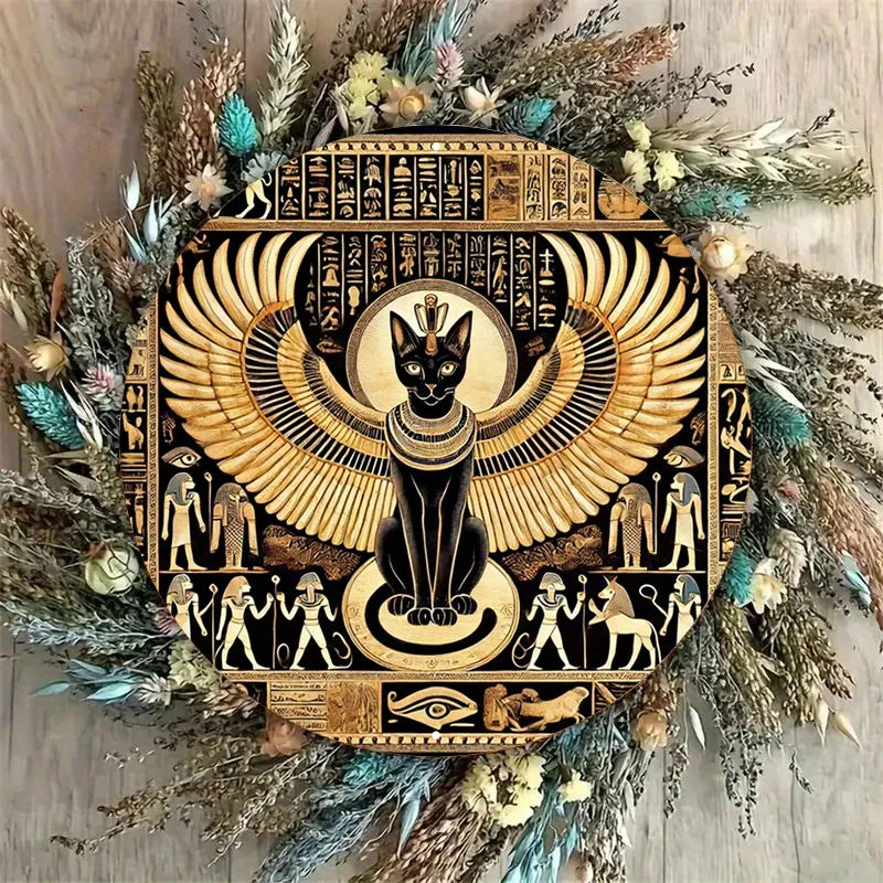 Egyptian Cat Goddess Vintage Metal Sign - Majestic Aluminum Round Wall Art, 7.8x7.8 Inch - Perfect for Bars, Cafes, Beach Houses
