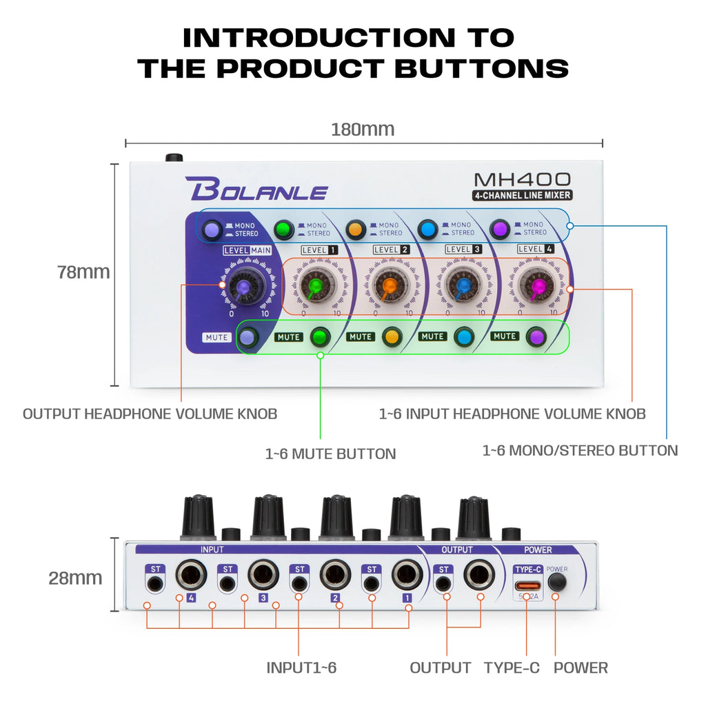 Bolanle Ultra Low-Noise 4-Channel Line Mixer Equipped with stereo mono switching and  mute function RGB lighting effect