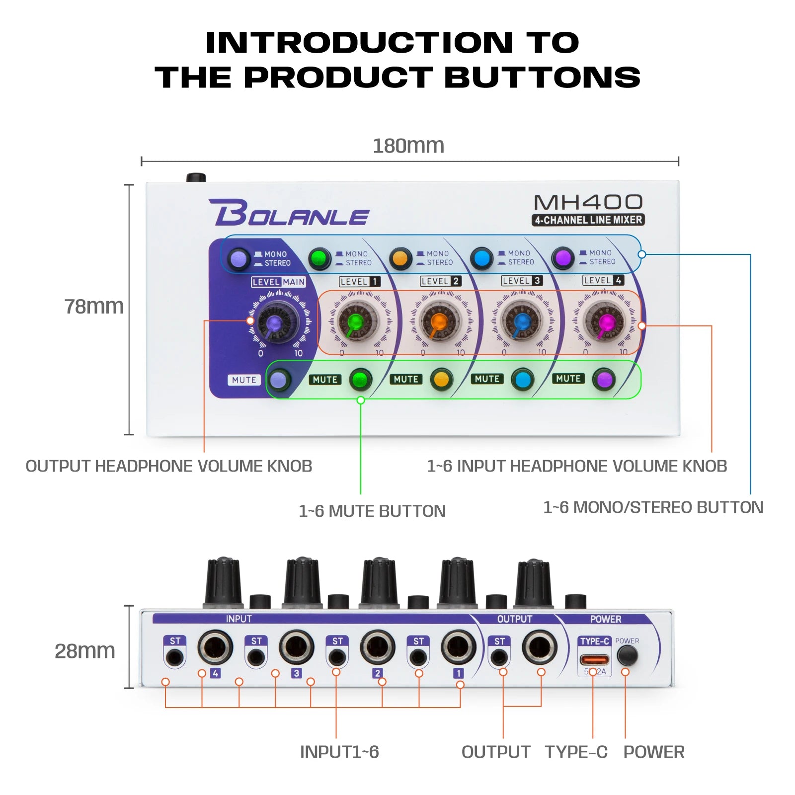 Bolanle Ultra Low-Noise 4-Channel Line Mixer Equipped with stereo mono switching and  mute function RGB lighting effect