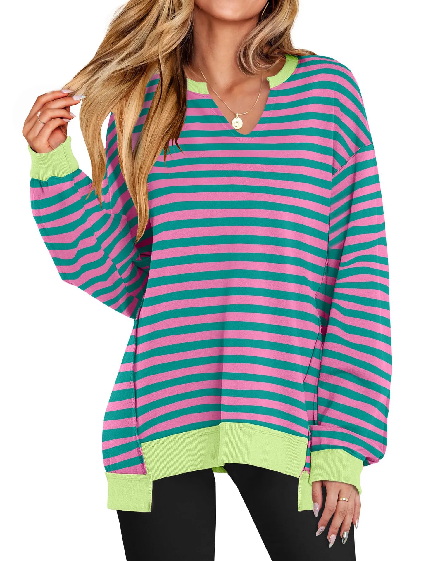 2026 Spring Sweatshirts Women Sweatshirt Tops V Neck Full Sleeve Y2k Streetwear Work Casual Loose Elegant Striped Top Autumn