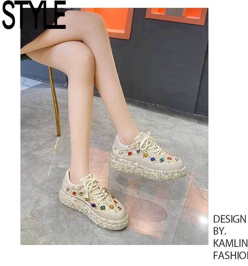 Designer Sneakers for Women 2025 New Spring Shiny Rhinestones Women's Vulcanize Shoes Fashion Autmn Platform Casual Shoes Female