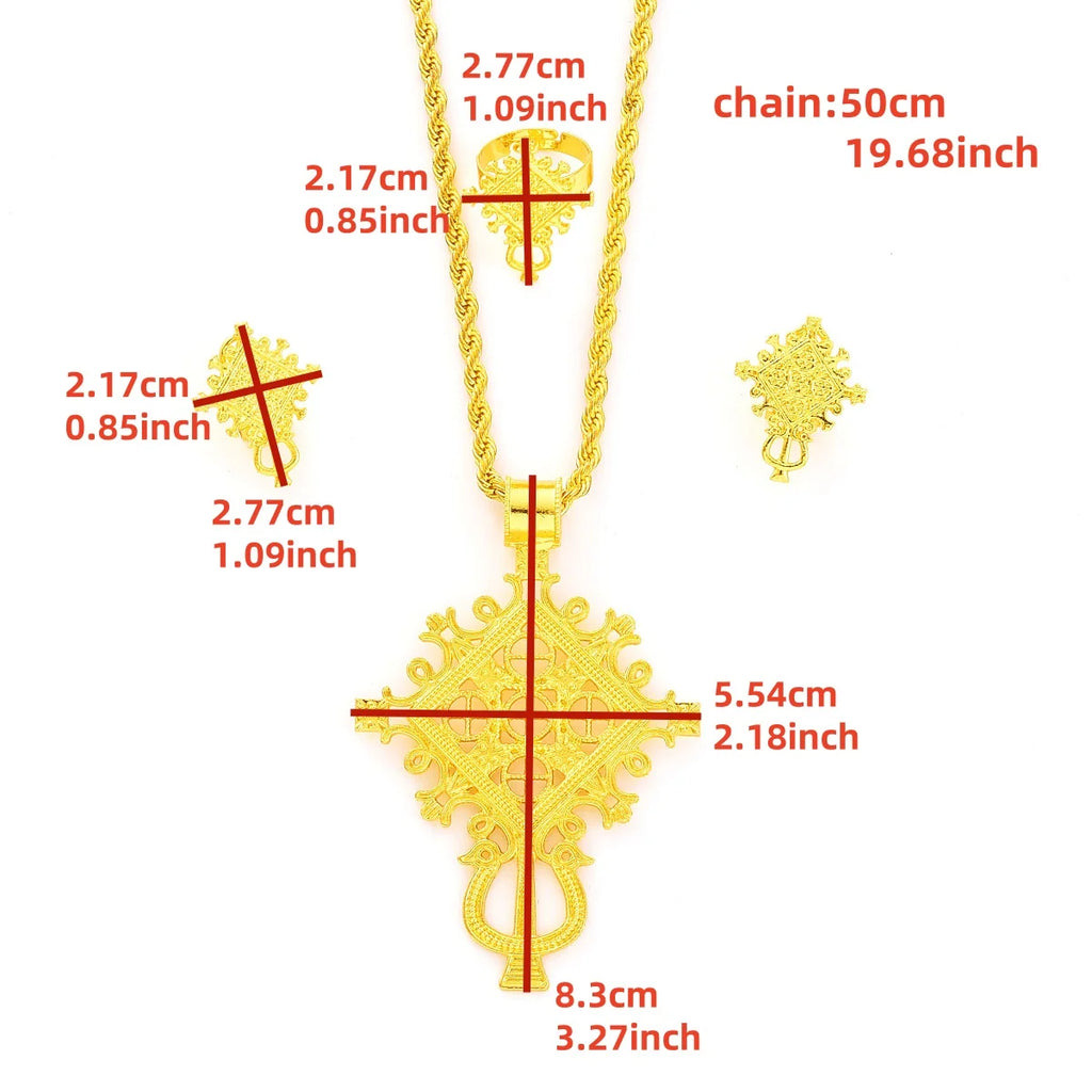 Ethiopian Eritrean Women Jewelry Sets Spcial Cross Pendant Earrings Ring African  Wedding Pretty Gold Color Jewelry Gifts
