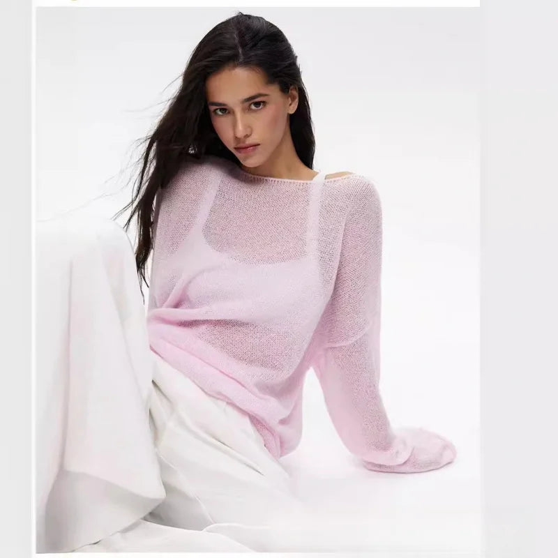 2025New Spring and Autumn Hollow Out Sweater for Women European and American StyleinsSoft and Loose Knitted Long Sleeve Cover-Up