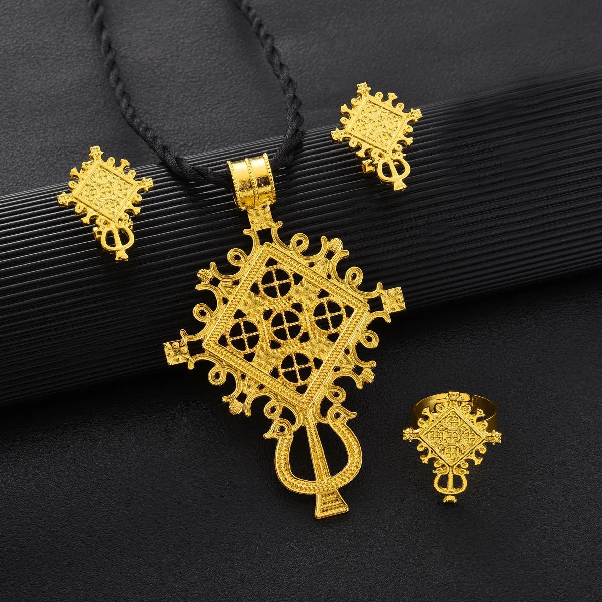 Ethiopian Eritrean Women Jewelry Sets Spcial Cross Pendant Earrings Ring African  Wedding Pretty Gold Color Jewelry Gifts
