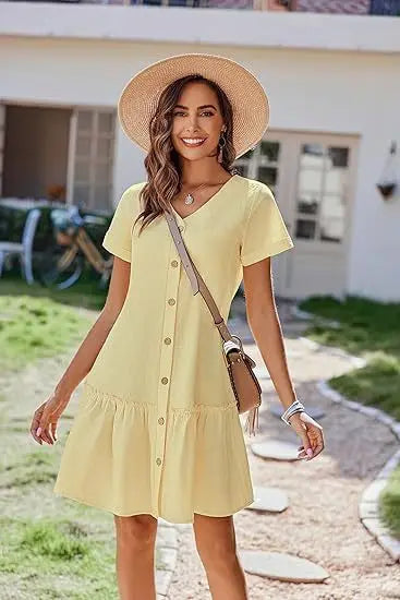 Casual Cotton Linen Summer Mini Dress For Women V-Neck Ruffles Short Sleeve Short Dress Ladies Fashion Loose Button Dresses