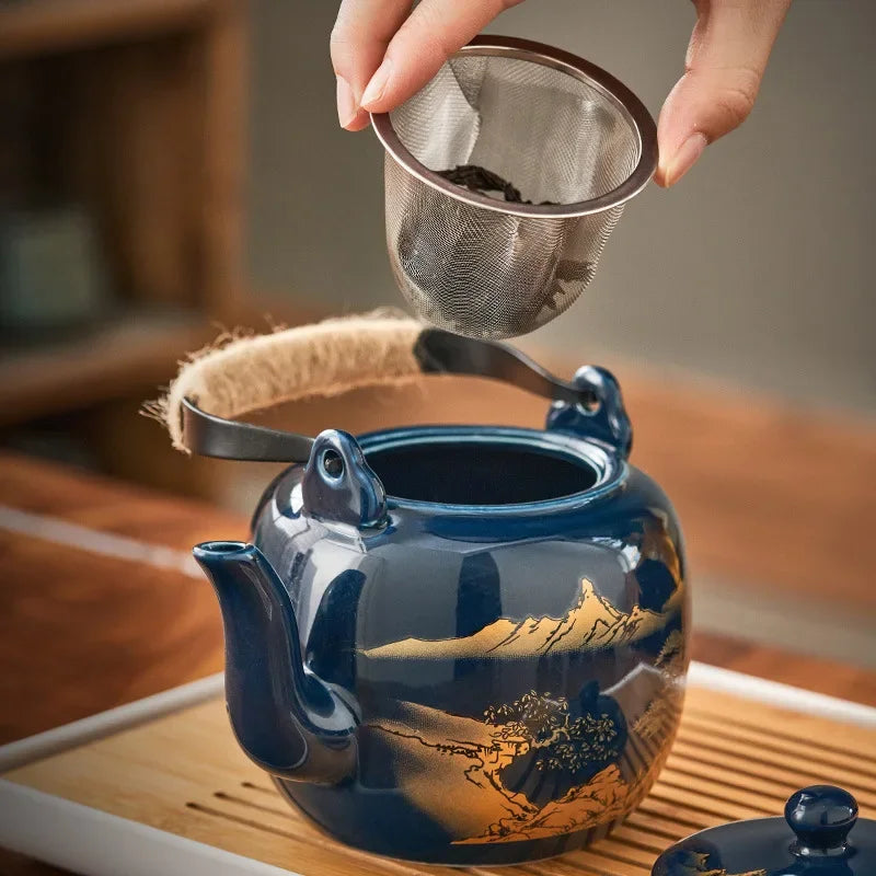 Black glaze large-capacity tea set, simple ceramic beam pot, teacup whole tea pot set  tea set  tea pot and cup set