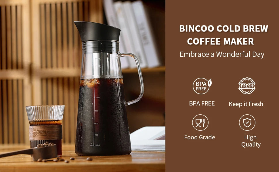 BINCOO 1500ML Cold Brew Coffee Maker with Removable Stainless Steel Filter, Home Cold Brew Coffee Iced Tea Maker & Fruit Pitcher
