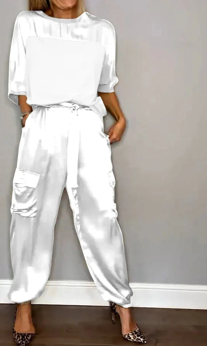 2024 Spring Women's New Fashionable Smooth Satin Half Sleeve Top With Strap Pants Pocket Set Half Sleeve Pants Two Piece Set