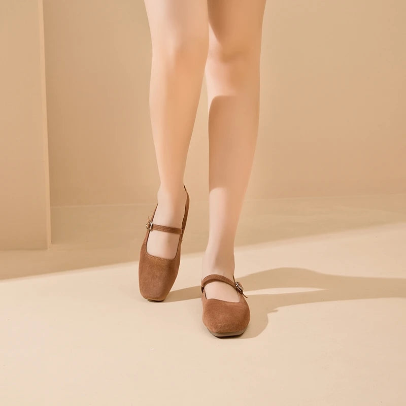 AIYUQI Mary Jane Women's Shoes 2026 New Suede Leather Non-slip Women Ballet Flat Shoes Square Toe Comfortable Female Shoes