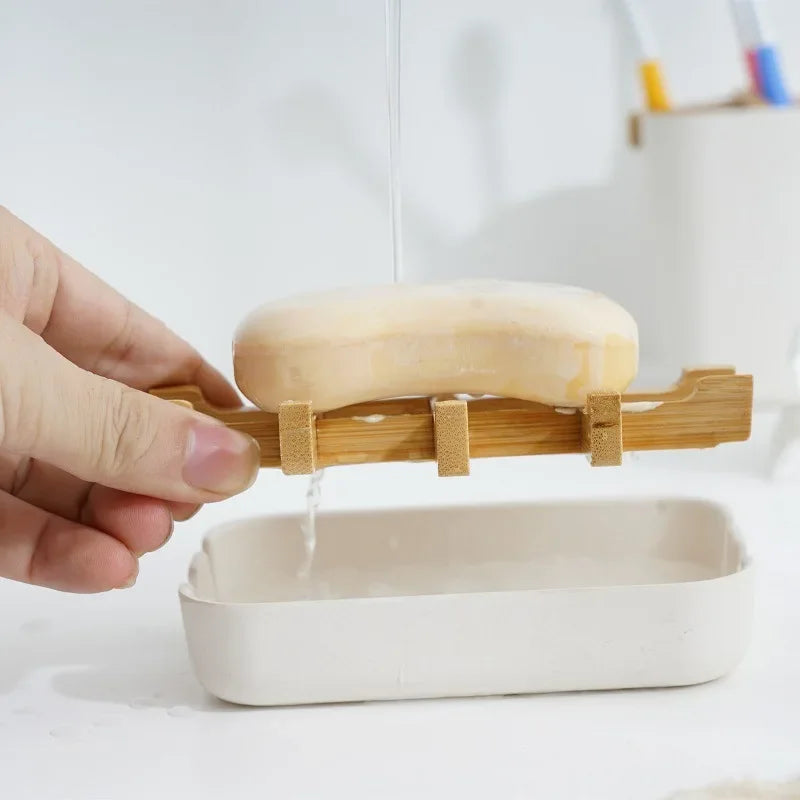 Bamboo Soap Bamboo Eco-friendly Portable Soap Dish with Handcrafted Wooden Holder and Tray for Bathroom Storage Washroom Tools
