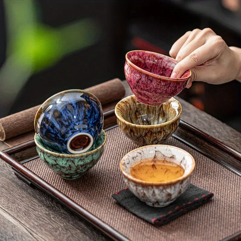 A Set of Handmade Ceramic Teacups, A Total of 5 Pieces, Traditional Kiln-changed Wuxing Kung Fu Teacup, Jianzhan Style