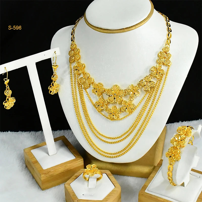 Ethiopian Tassel 24k Gold Plated Jewelry Sets For Women Arabic Wedding Indian Bridal Dubai Necklace And Earring Set Party Gifts
