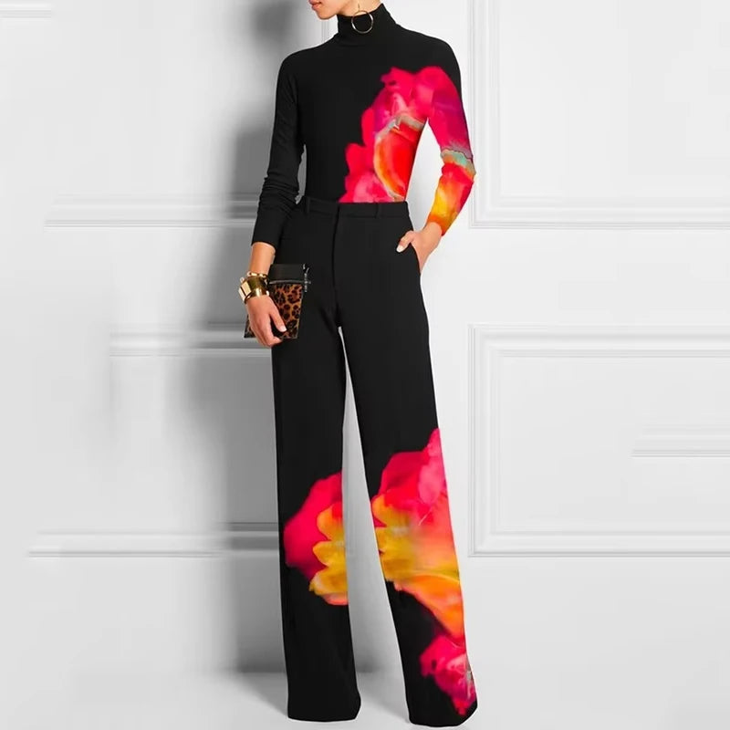 Casual Spring Women Tops Fashion Contrast Color Printed 2025 New Long Sleeve High Neck Skinny T-Shirts For Office Lady