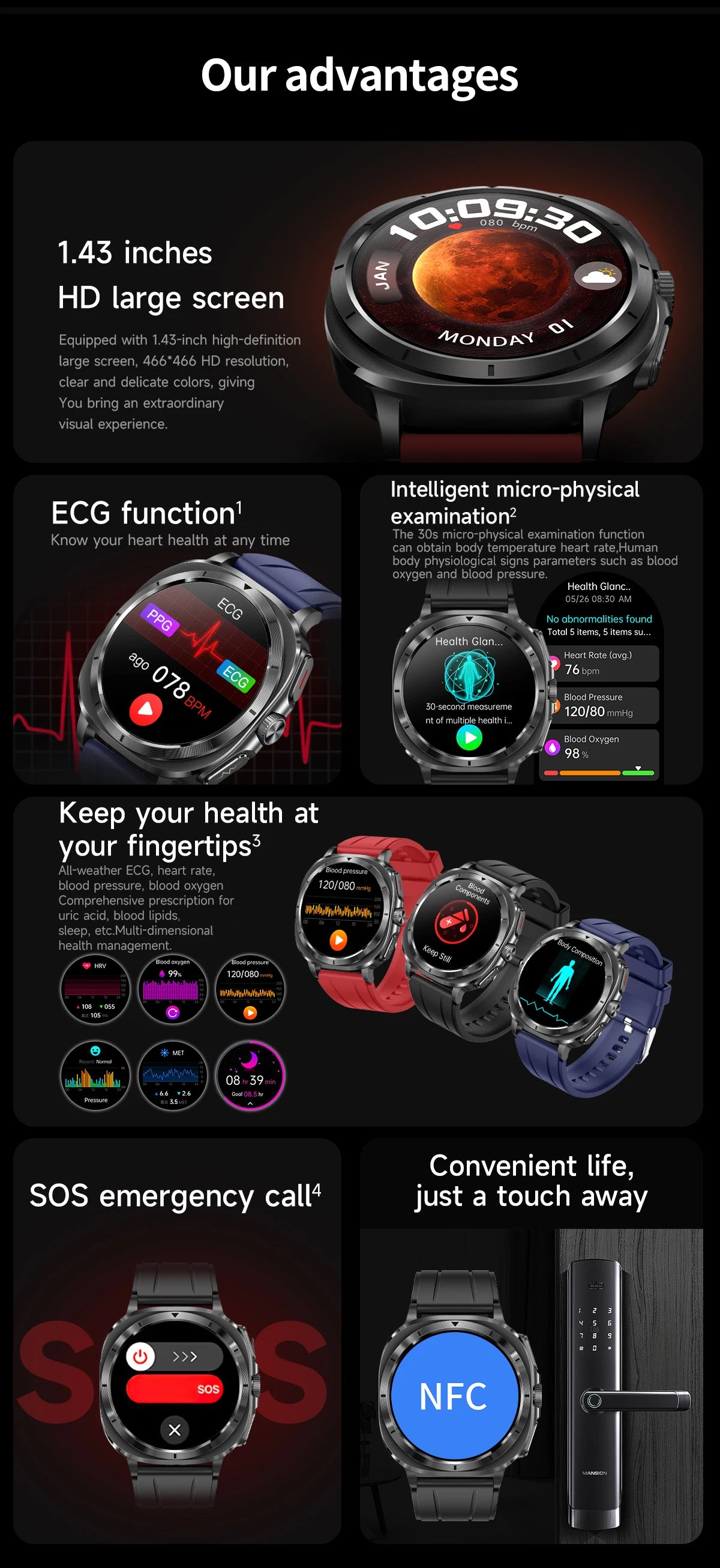 2025New ECG+PPG Laser Diagnose Blood pressure Smart Watch Men Heart Rate Uric Acid Blood fat Body analysis Health NFC Smartwatch