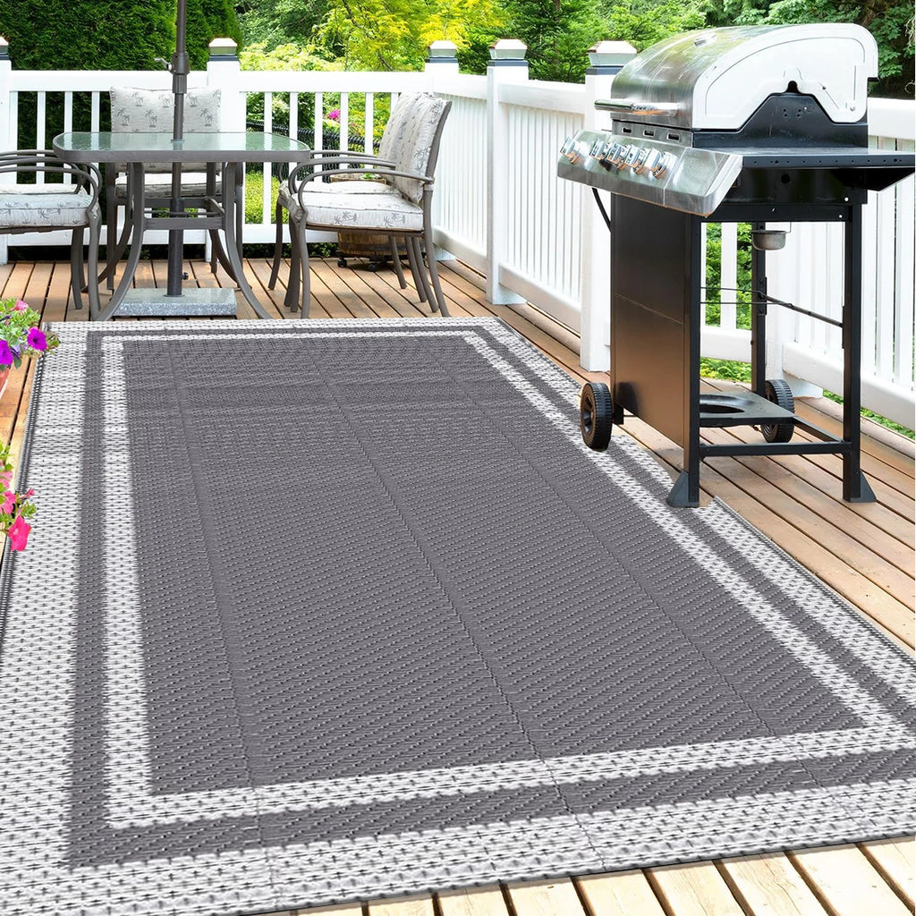 6' x 9' Outdoor Mat with Ground Pegs - Durable PP Material, Gray and White Grid Pattern, Perfect for Patio, Camping and Outdoor