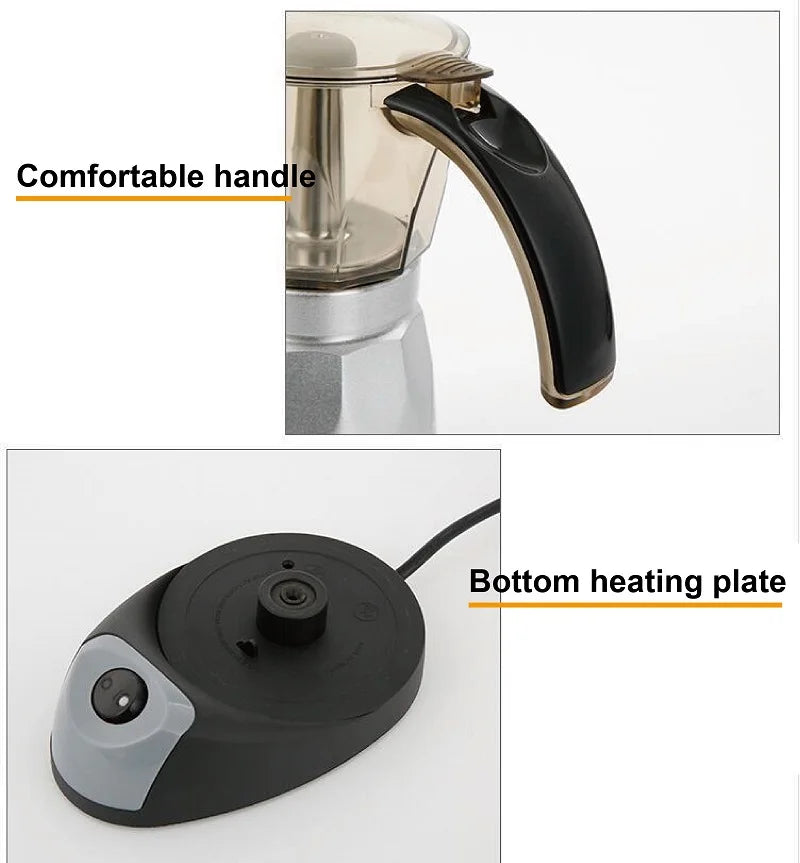150ml/300ml Electric Coffee Maker Cups Aluminum Mocha Pot 480W Electric Italian Coffee Maker Percolator for Home Silver 3/6Cups
