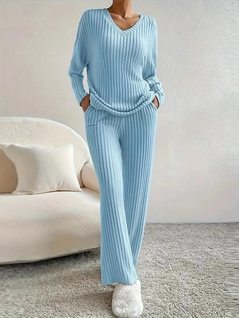 2025 Spring Fashion Women Homewear Set New Style Straight-leg Pants +Loose-fit V-neck Ribbed Knit Sweater Female Casual Pajamas