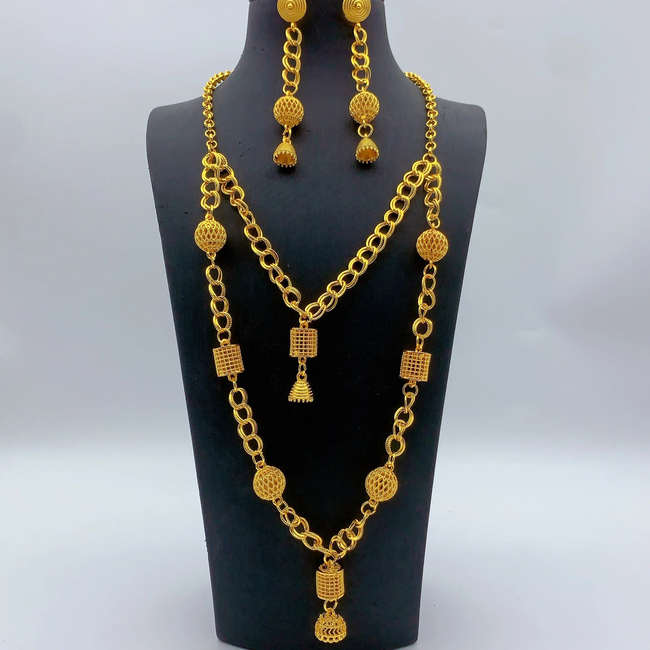 Brazilian 24k Gold Plated Jewelry Set For Women Wedding Long Necklace Earrings Jewellery Dubai Nigerian African Bridal Sets