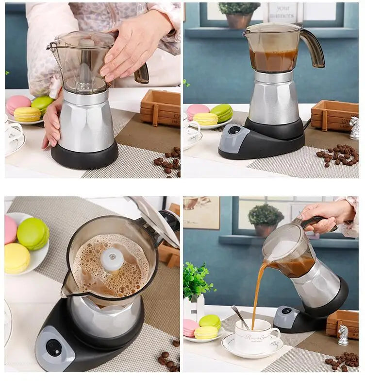 150ml/300ml Electric Coffee Maker Cups Aluminum Mocha Pot 480W Electric Italian Coffee Maker Percolator for Home Silver 3/6Cups