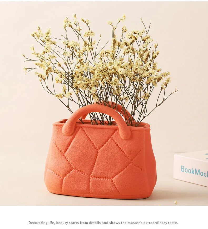 Creative Woven Handbag Vase Ceramic Flower Pots Decorative Flower Arrangement Desk Decoration Ornaments Crafts Floral Vases