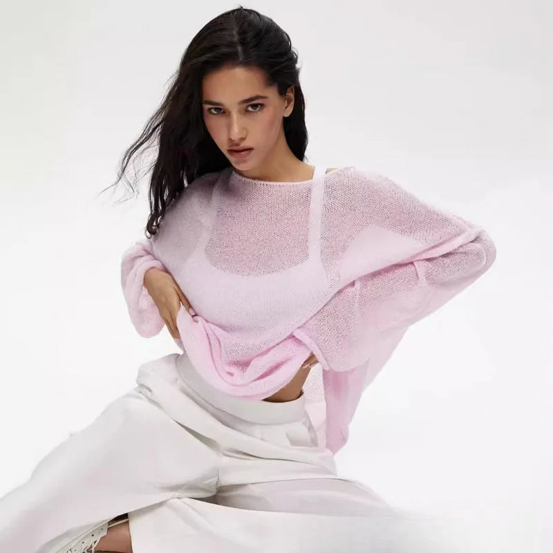 2025New Spring and Autumn Hollow Out Sweater for Women European and American StyleinsSoft and Loose Knitted Long Sleeve Cover-Up