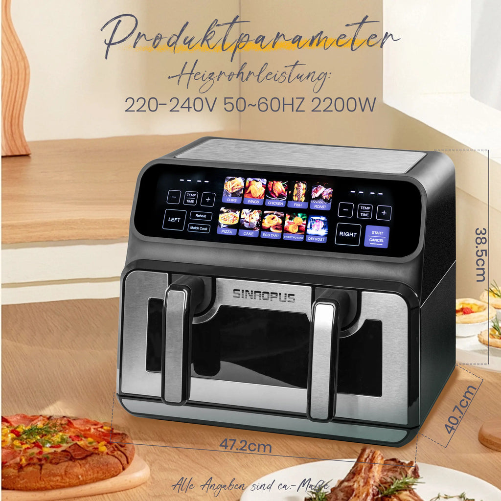 2200W Hot Air Fryer Dual Basket 9L Multi-Function Air Fryers with LED Touch Screen Timable Auto Programmes,Family Oven Size