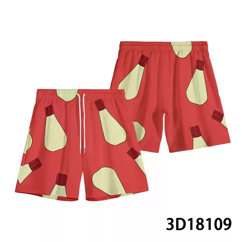 2026 Summer Loose Strawberry Shorts Mayonnaise Beach Shorts Men Swim Trunks Drawstring Waist Quick Dry Cartoon Pants Streetwear