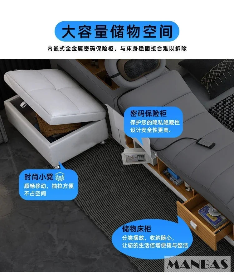 D MANBAS Tech Smart Genuine Leather Bed | Multifunctional Ultimate Beds | Massage Tatami Bed With Projecter | Upholstered Cama