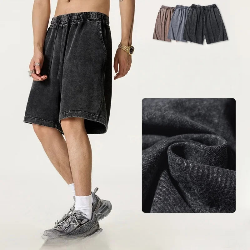 2026 New Distressed Summer Shorts Men 320G Heavy Cotton Drawstring Harajuku Loose Sweatshorts Male Casual Short Pant Streetwear