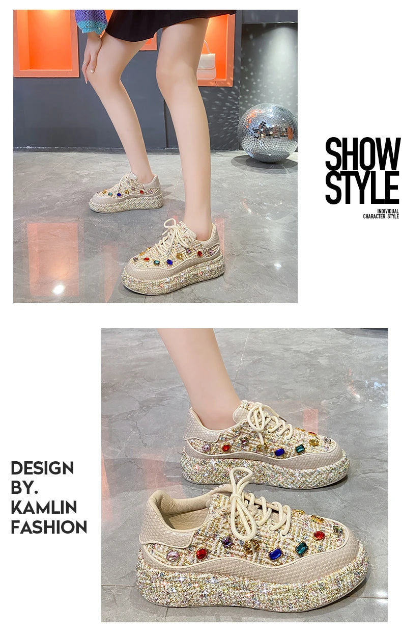 Designer Sneakers for Women 2025 New Spring Shiny Rhinestones Women's Vulcanize Shoes Fashion Autmn Platform Casual Shoes Female