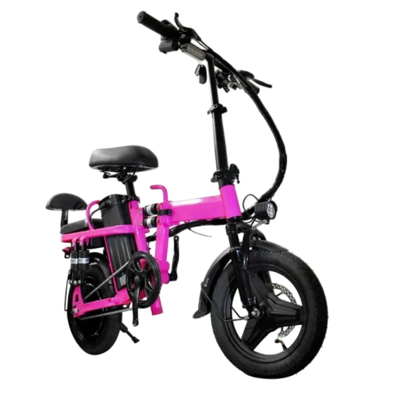 Canada Stock 14 Inch Folding Electric Bicycle For Woman With 2 Seats 500W 48V Pink Lightweight Electric Bike For Adults With USB