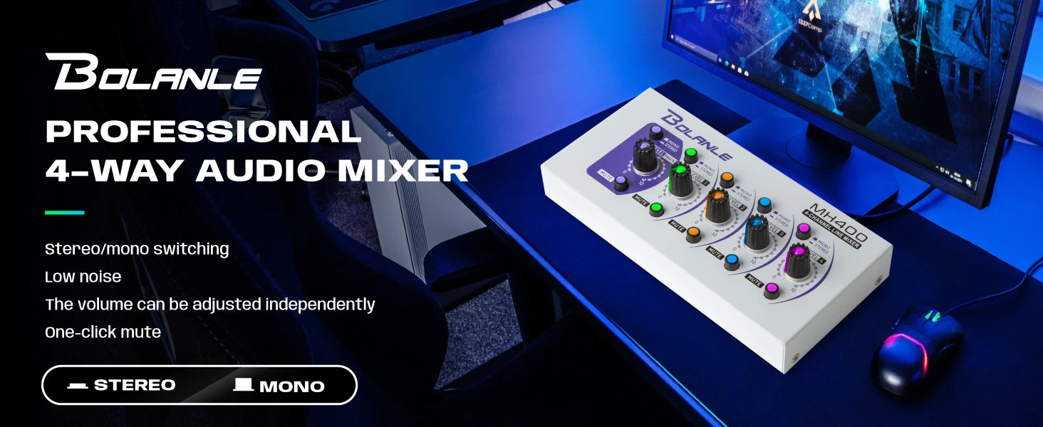 Bolanle Ultra Low-Noise 4-Channel Line Mixer Equipped with stereo mono switching and  mute function RGB lighting effect