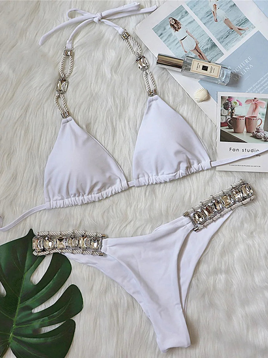 2025 Halter Shiny Crystal Diamond Bikini Women Swimsuit Female Swimwear Rhinestone Bikini Set Rhinestone Brazilian Bathing Suit