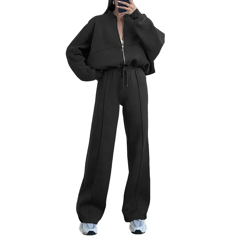 European American women's clothing autumn and winter suit new fashion solid color casual loose street sports sweater suit women