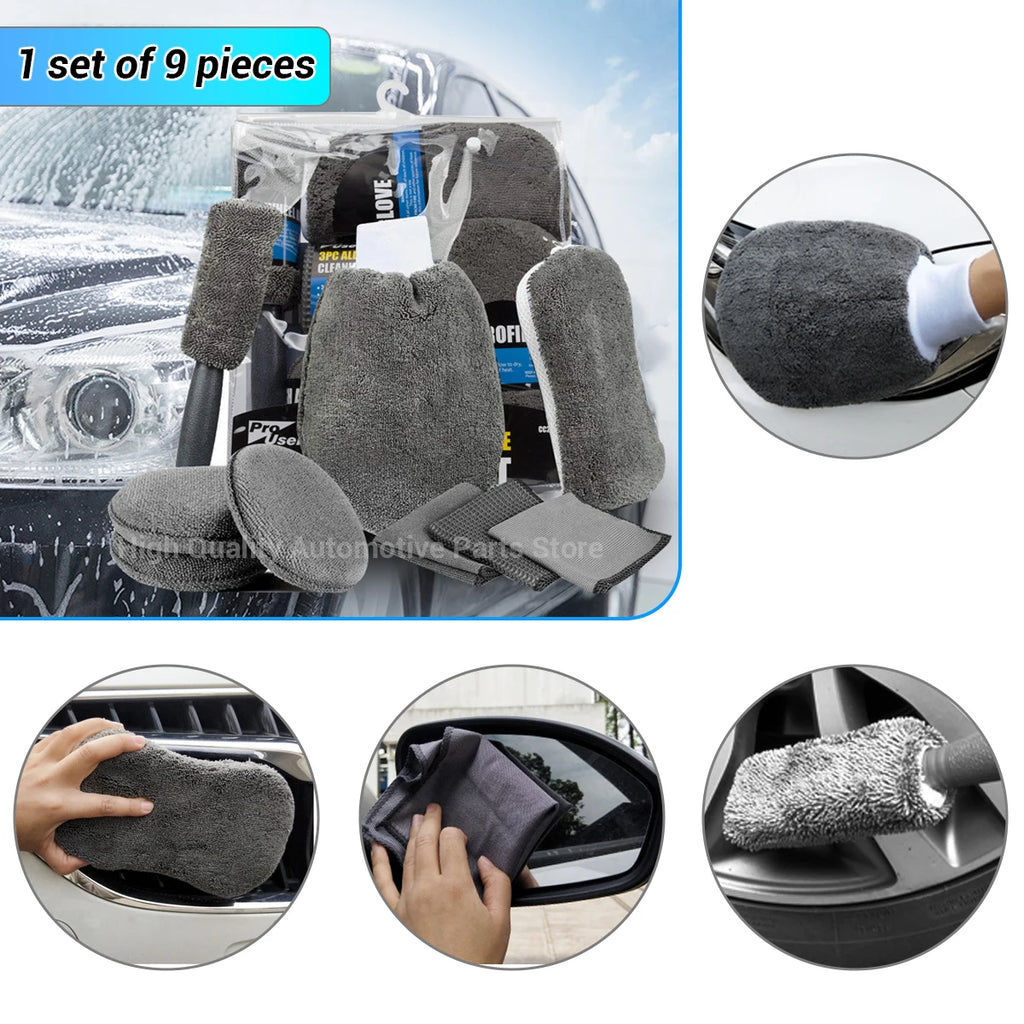 9pcs Car Wash Cleaning Kits Microfiber Towels Blush Sponge Wash Glove Polish Care Applicator Pads Auto Detailing Washing Tools