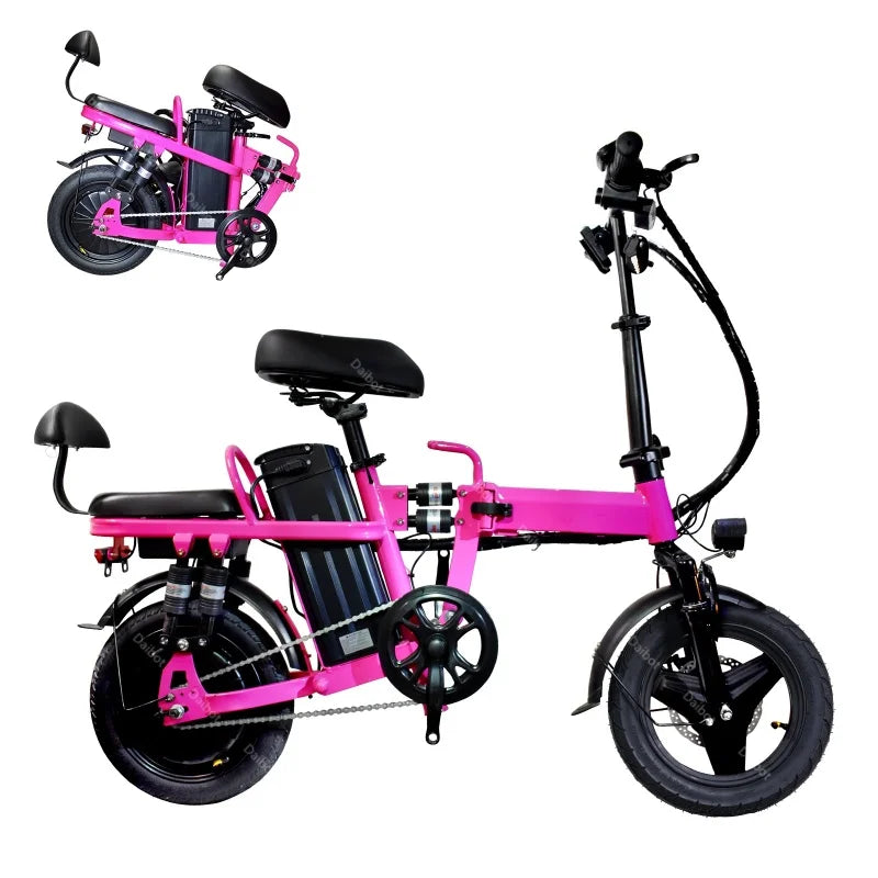 Canada Stock 14 Inch Folding Electric Bicycle For Woman With 2 Seats 500W 48V Pink Lightweight Electric Bike For Adults With USB