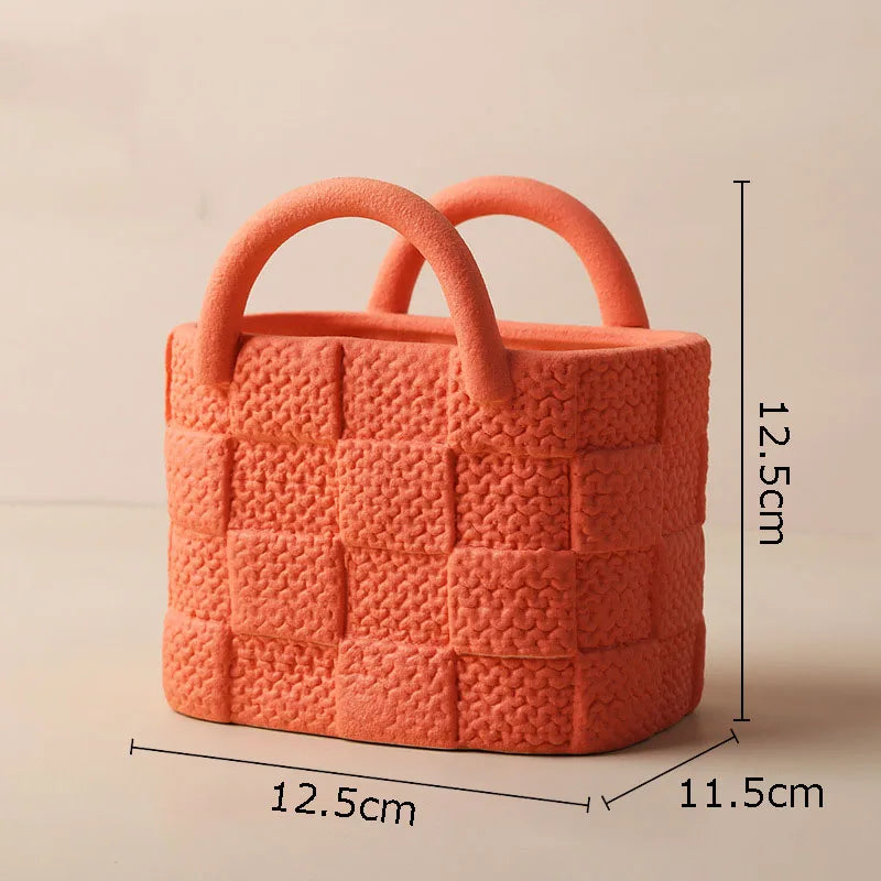 Creative Woven Handbag Vase Ceramic Flower Pots Decorative Flower Arrangement Desk Decoration Ornaments Crafts Floral Vases