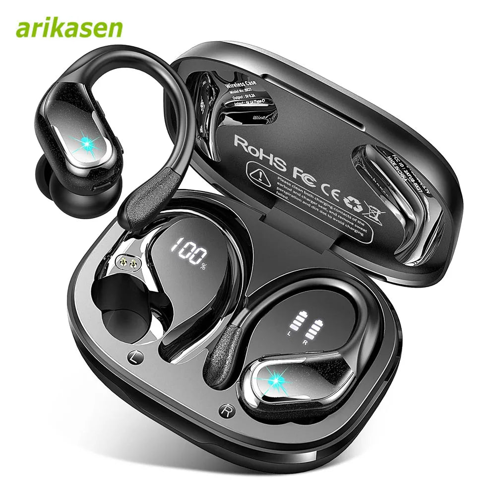 Bluetooth 5.3 Headphones Pure Bass Sound with Earhooks 75H Battery Over Ear Headphones with Dual-LED Display IP7 Waterproof