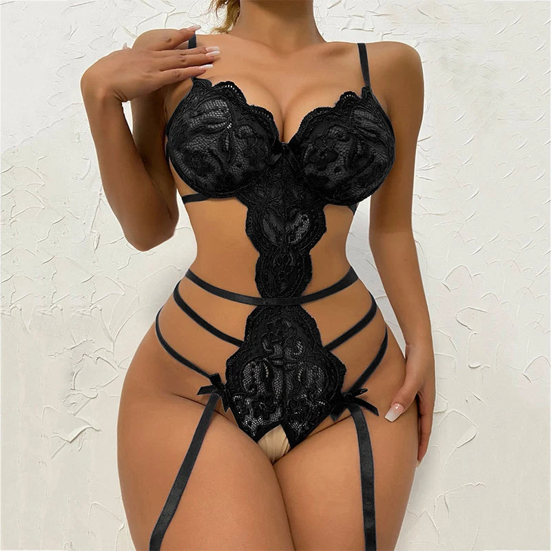 Erotic Lingerie For Women Sexy Costume Garter + Thong Set Lace Mesh Nightie Deep V Suspenders Baby Doll Dress Porn Underwear Set