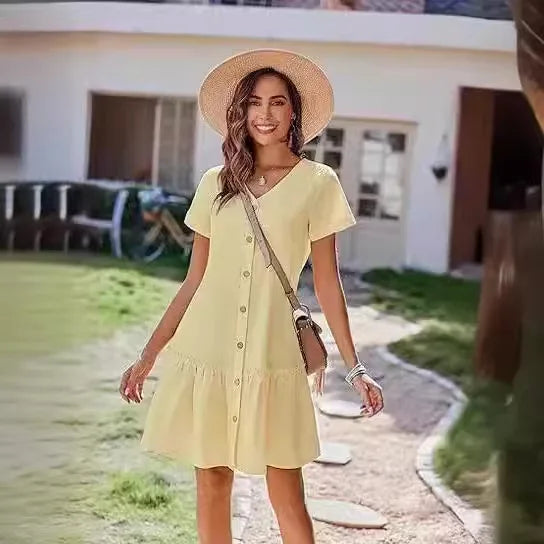 Casual Cotton Linen Summer Mini Dress For Women V-Neck Ruffles Short Sleeve Short Dress Ladies Fashion Loose Button Dresses