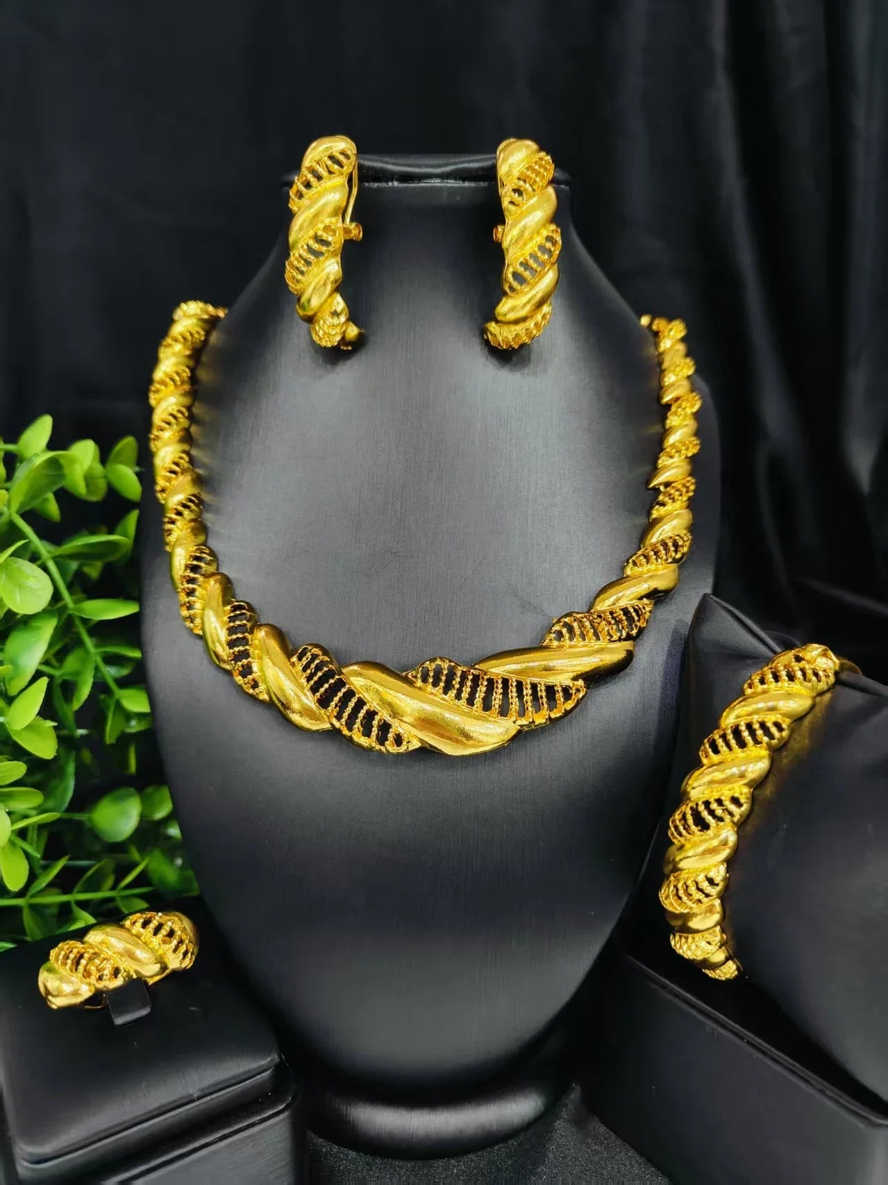 Ethiopian  Necklace Earrings Bangle Ring Jewelry Set For Women 24K Gold Plated Dubai Indian African Bridal Wedding Party Jewelle