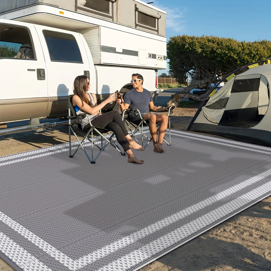 6' x 9' Outdoor Mat with Ground Pegs - Durable PP Material, Gray and White Grid Pattern, Perfect for Patio, Camping and Outdoor