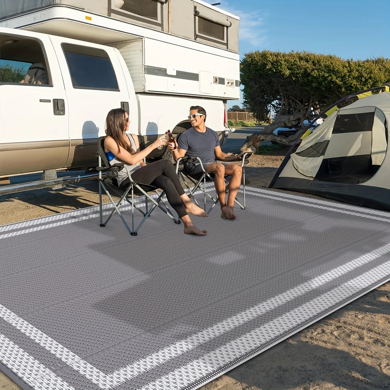 6' x 9' Outdoor Mat with Ground Pegs - Durable PP Material, Gray and White Grid Pattern, Perfect for Patio, Camping and Outdoor