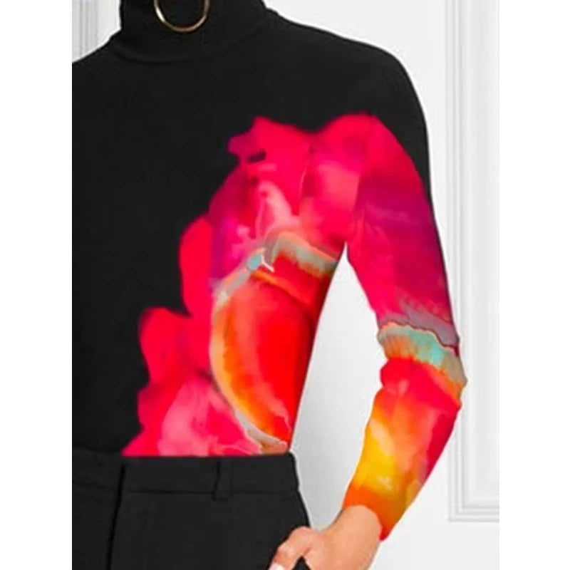 Casual Spring Women Tops Fashion Contrast Color Printed 2025 New Long Sleeve High Neck Skinny T-Shirts For Office Lady