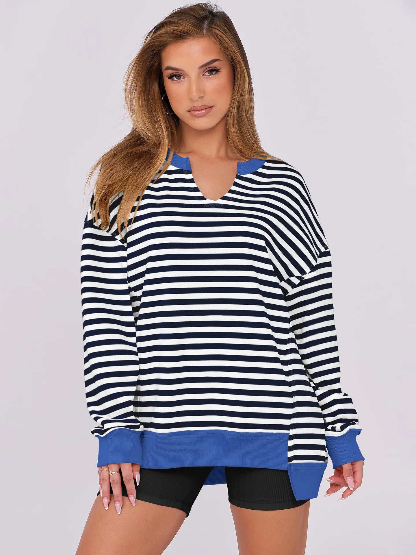 2026 Spring Sweatshirts Women Sweatshirt Tops V Neck Full Sleeve Y2k Streetwear Work Casual Loose Elegant Striped Top Autumn