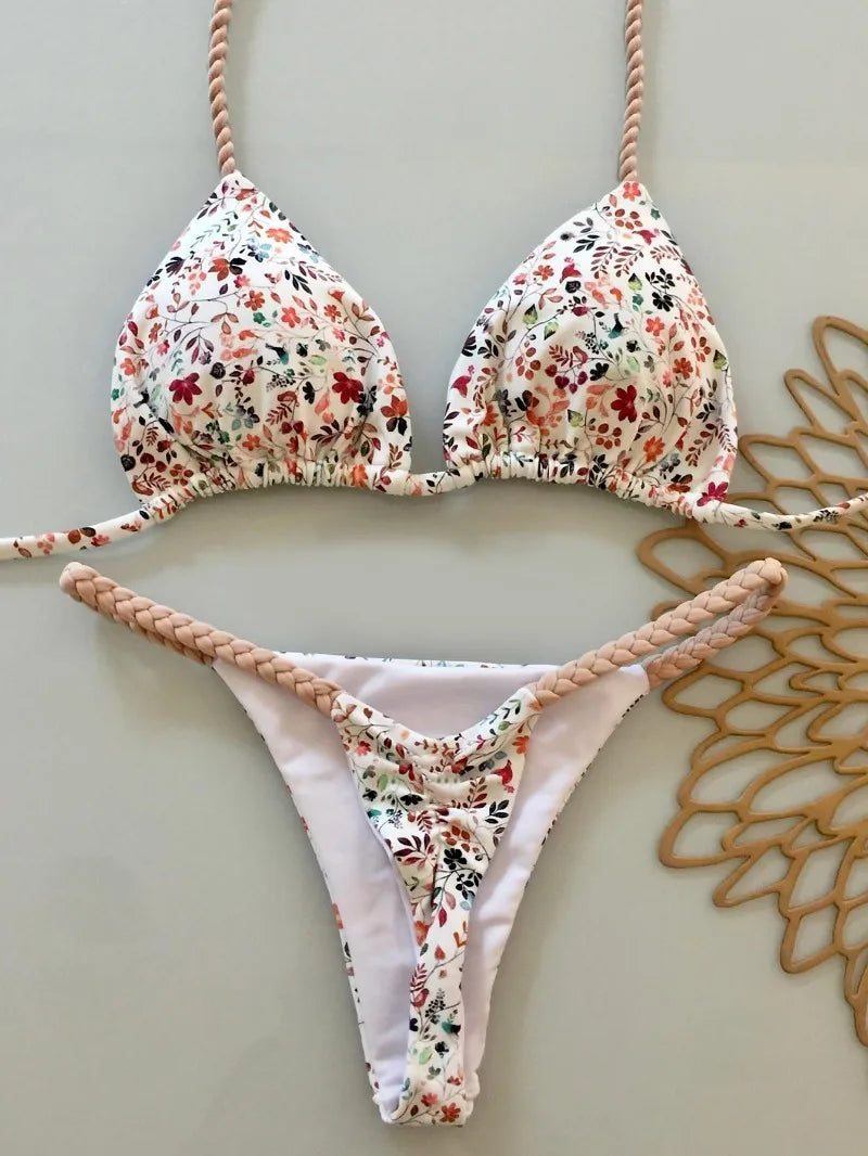2026 New Bikinis Women Swimsuit Sexy Swimwear Halter Bikini Set Lace-up Biquine Brasileiro Thong Print Beachwear Party Wear