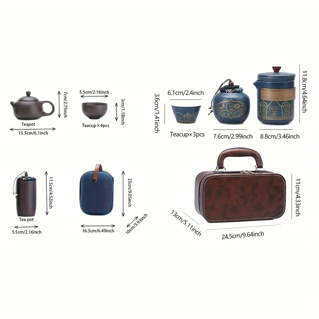 1Set-Travel Tea Set Portable Kung Fu Tea Set Ceramic Teapot Tea Canister Tea Cup Outdoor Quick Cup Tea Canister Leather Bag